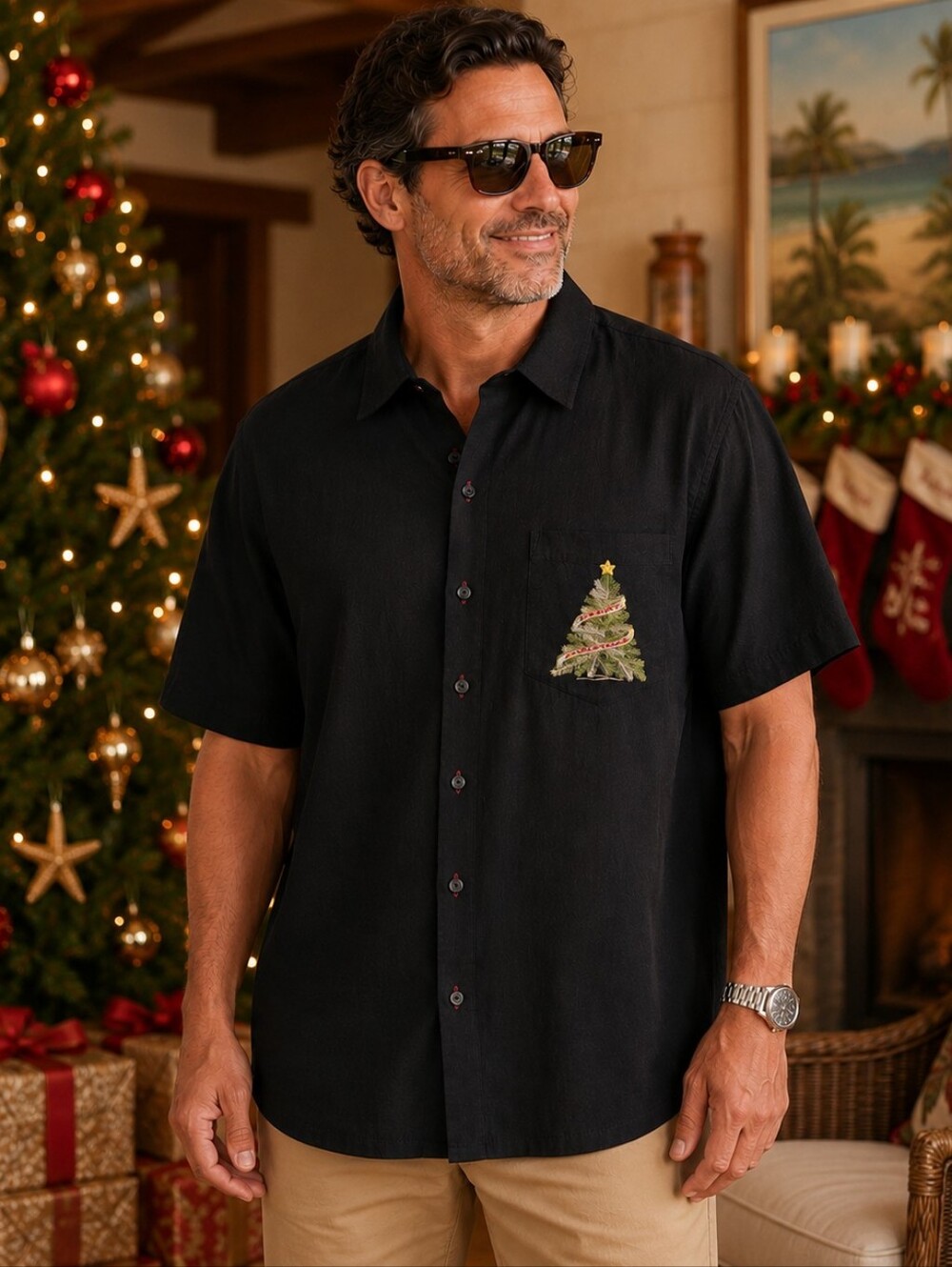 Bamboo Cay XL Black Short Sleeve Button Up Shirt Christmas Embroidered Santa